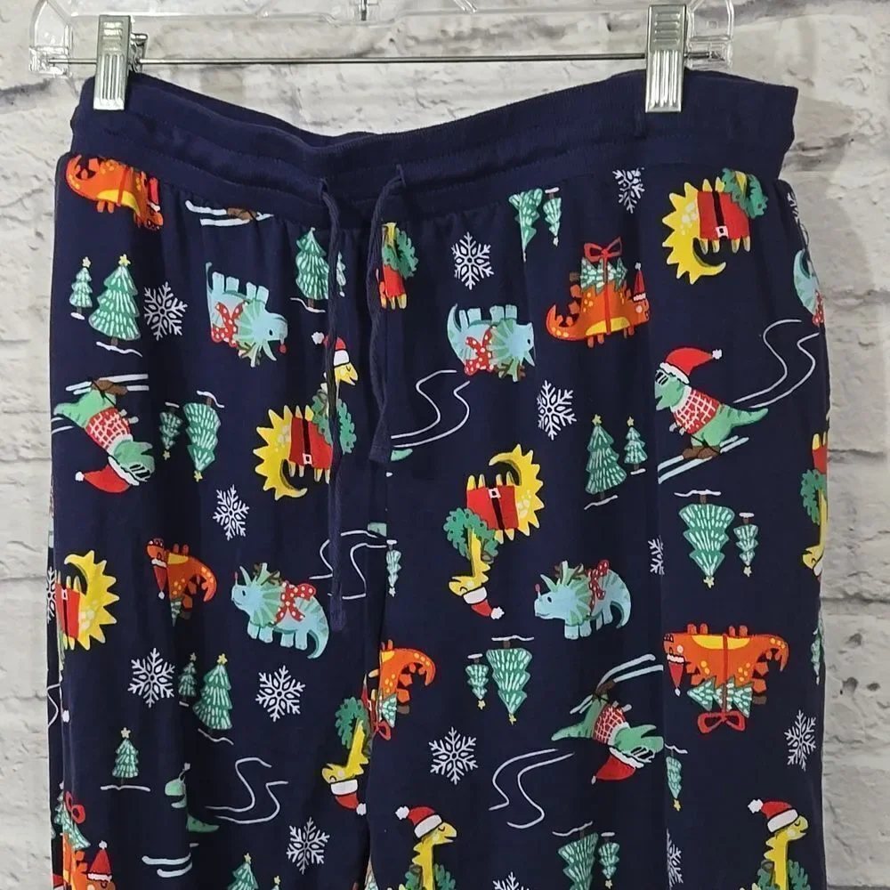 Christmas Dinosaur Pajama Pants Women L Navy Holiday Dino Lounge Joggers Pockets